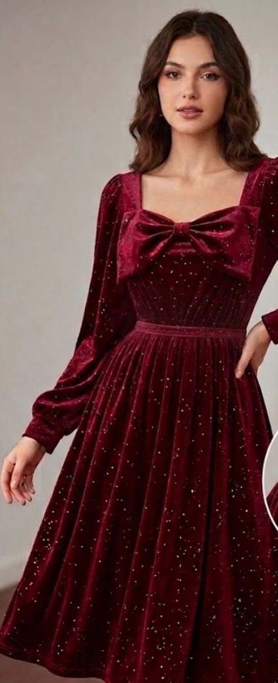 SHEIN Teen Girls Velvet Puff Sleeve Bow Front Sparkle Dress